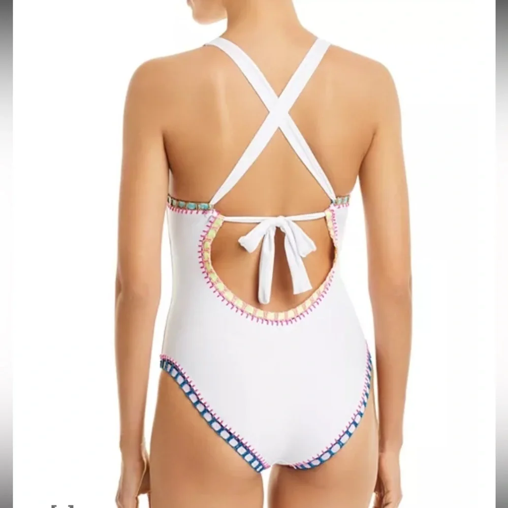 PQ Swim Platinum X Solange Ferrarini Crochet Trim One Piece Swimsuit Small NEW